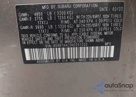 2022 Subaru Outback from USA, damaged, VIN 4S4BTAAC5N3201232